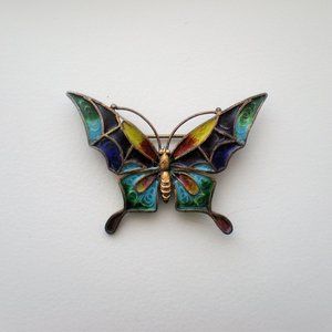 Chinese Export Cloisonne Enamel Gilded Sterling Silver Butterfly Pin Brooch